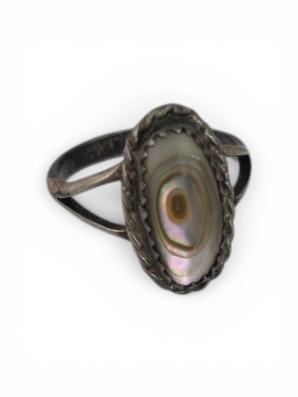 Vintage Sterling Silver Oval Abalone With Sawtooth Setting 925